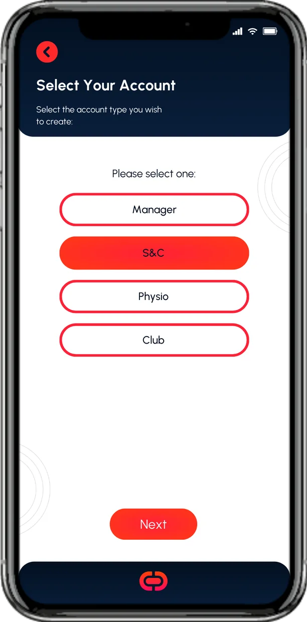 Clinched app — choose a Manager, S&C, Physio or Club account